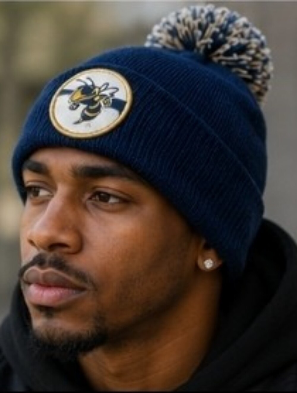 Navy Pom Georgia Tech Adidas Beanie Hat with Patch - Men Accessories